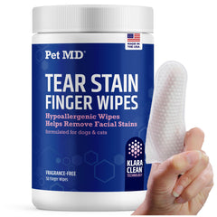 Pet MD Finger Wipes removing tear stains on dogs and cats.