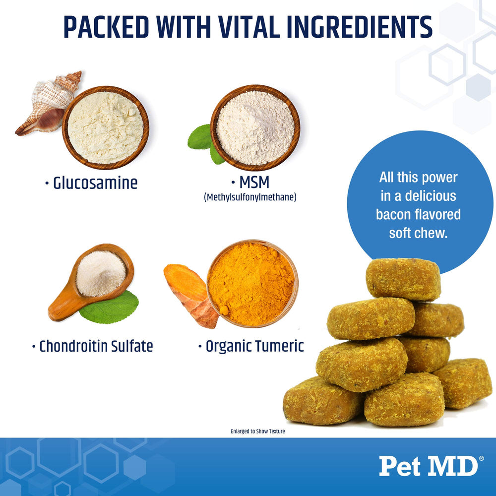 Pet MD bacon-chews image emphasizes tasty mobility bites for joints.