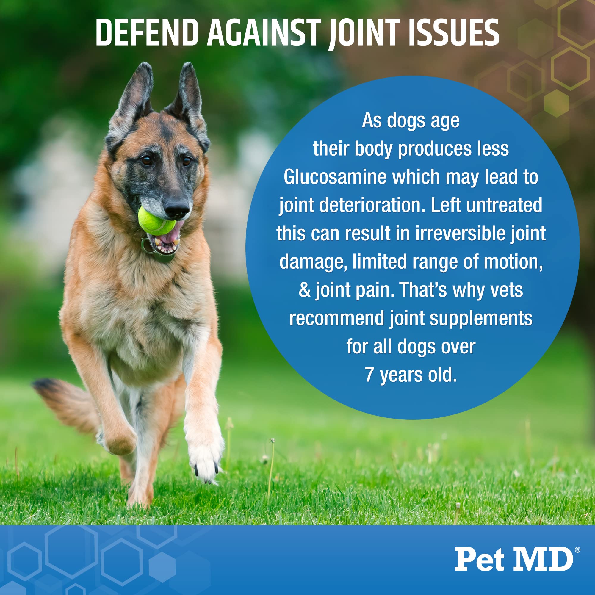 Pet MD glucosamine for dogs ingredients list highlights bacon flavor and key add-ons.