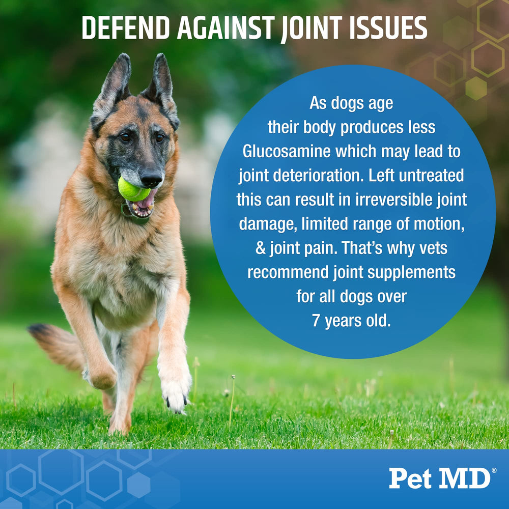 Pet MD glucosamine for dogs ingredients list highlights bacon flavor and key add-ons.