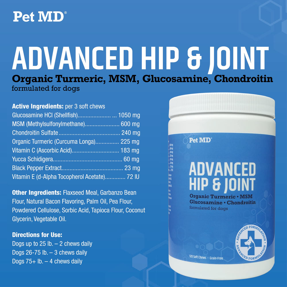 Pet MD yucca-turmeric image showcases natural ingredients supporting daily activity.