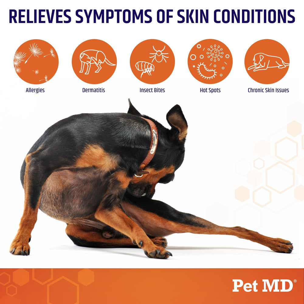 Pet MD Hydrocortisone Spray being applied to irritated skin for fast comfort.