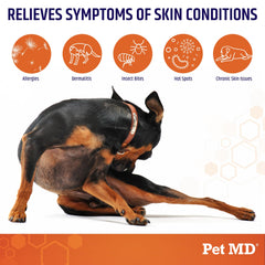 Pet MD Hydrocortisone Spray being applied to irritated skin for fast comfort.