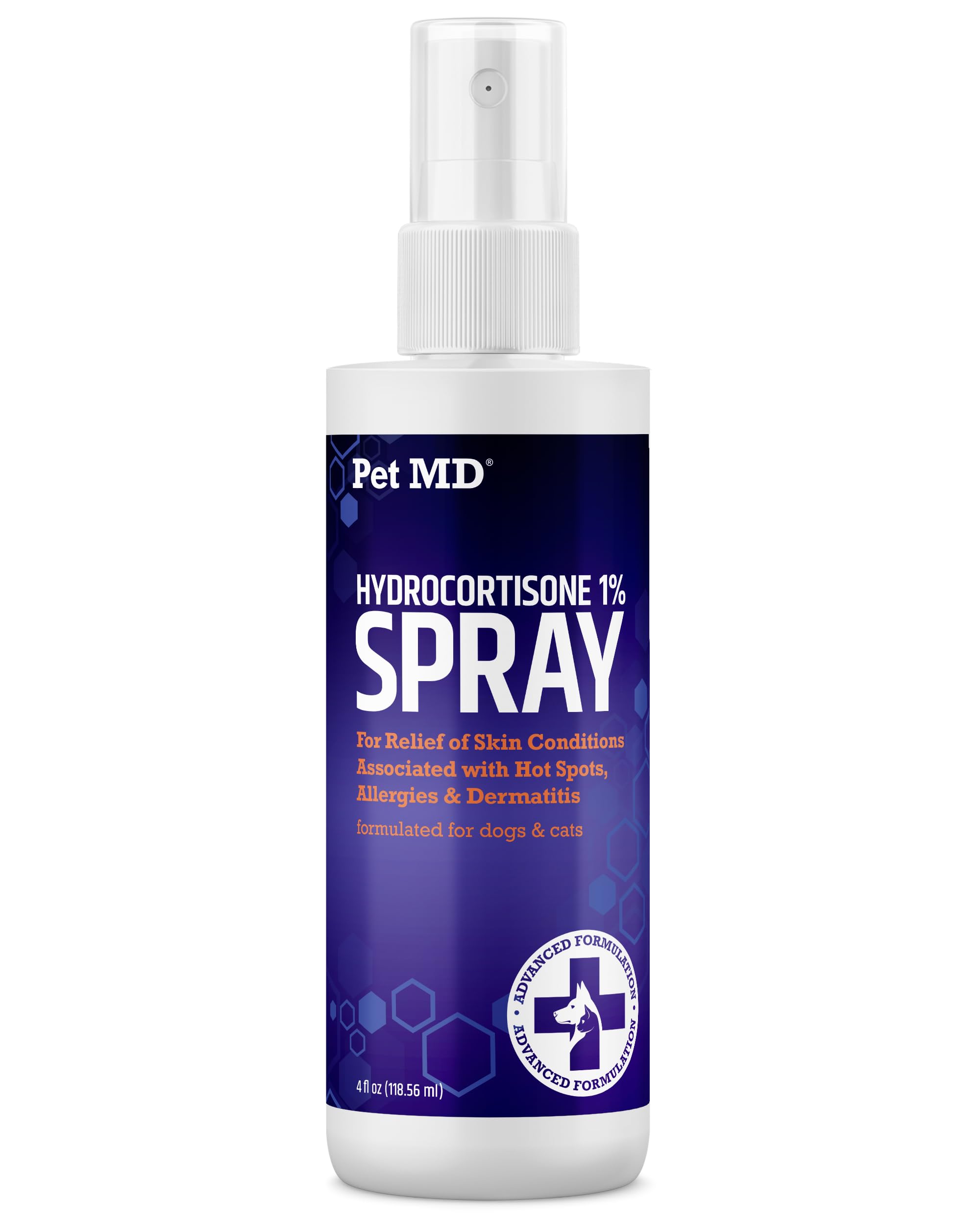 Pet MD hydrocortisone spray bottle showing easy application for itchy skin relief