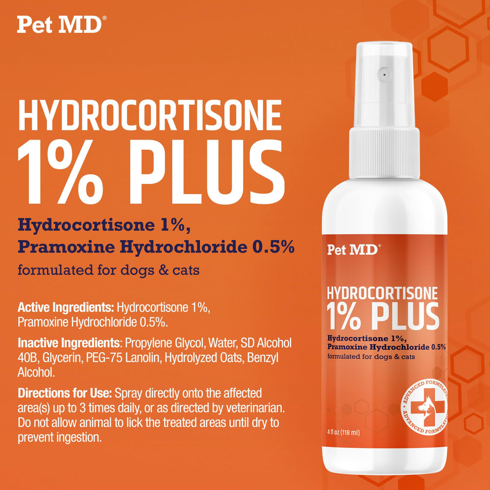 Pet MD Hydrocortisone Spray demonstrated for mess-free application.