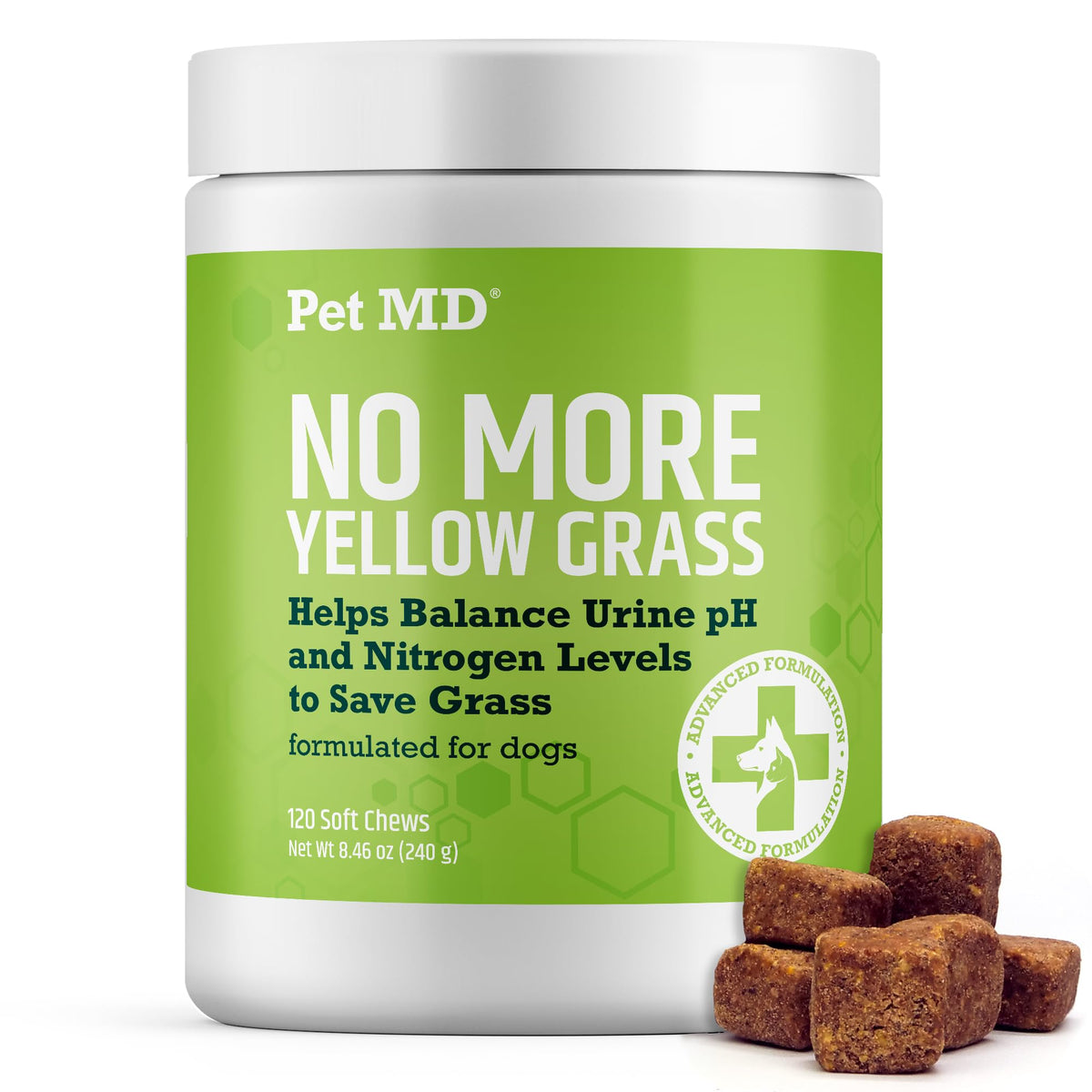 Pet MD Lawn Aid Chews bottle for dogs supporting lawn health and digestion.