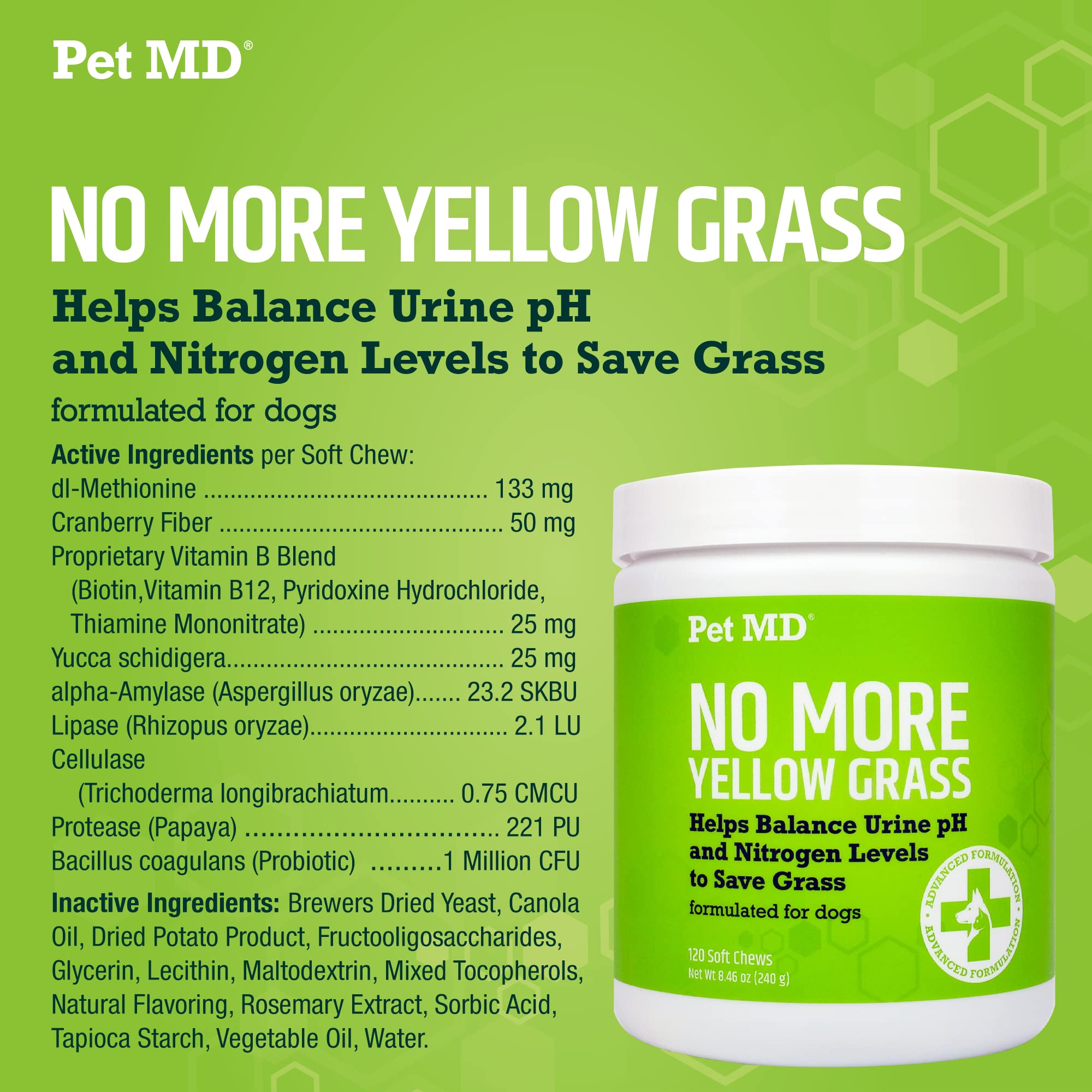 Pet MD Lawn Aid Chews dl-Methionine balances urine pH.