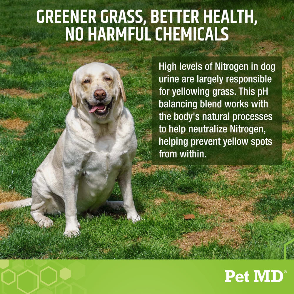 Pet MD Lawn Aid Chews probiotic blend supports gut health.