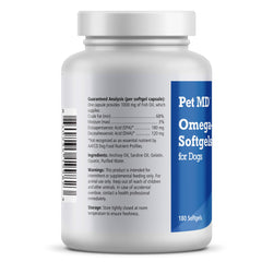 Pet MD Omega-3 bottle dispensing for easy dosing with meals.