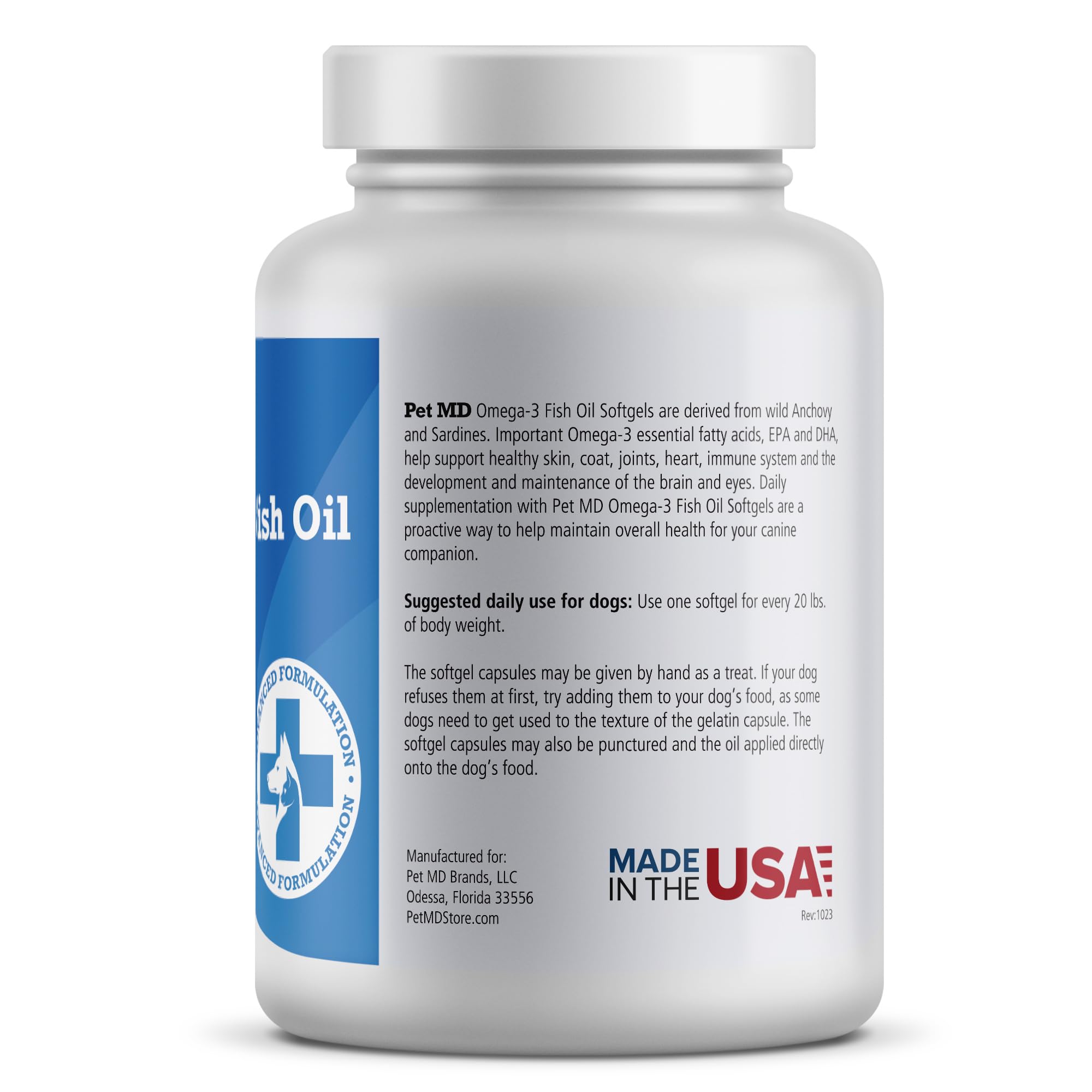 Pet MD Omega-3 dog coat shine from daily supplement.