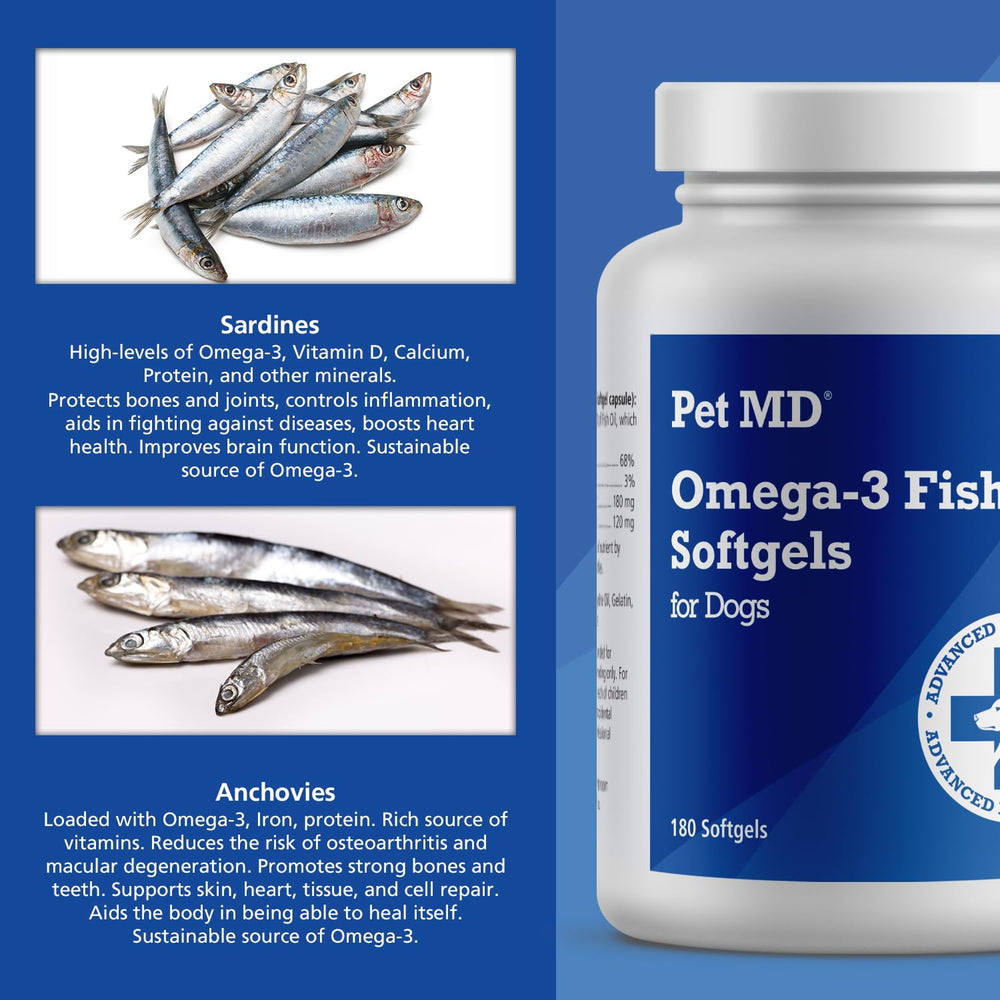 Pet MD Omega-3 dog softgels in bottle support shinier coat.