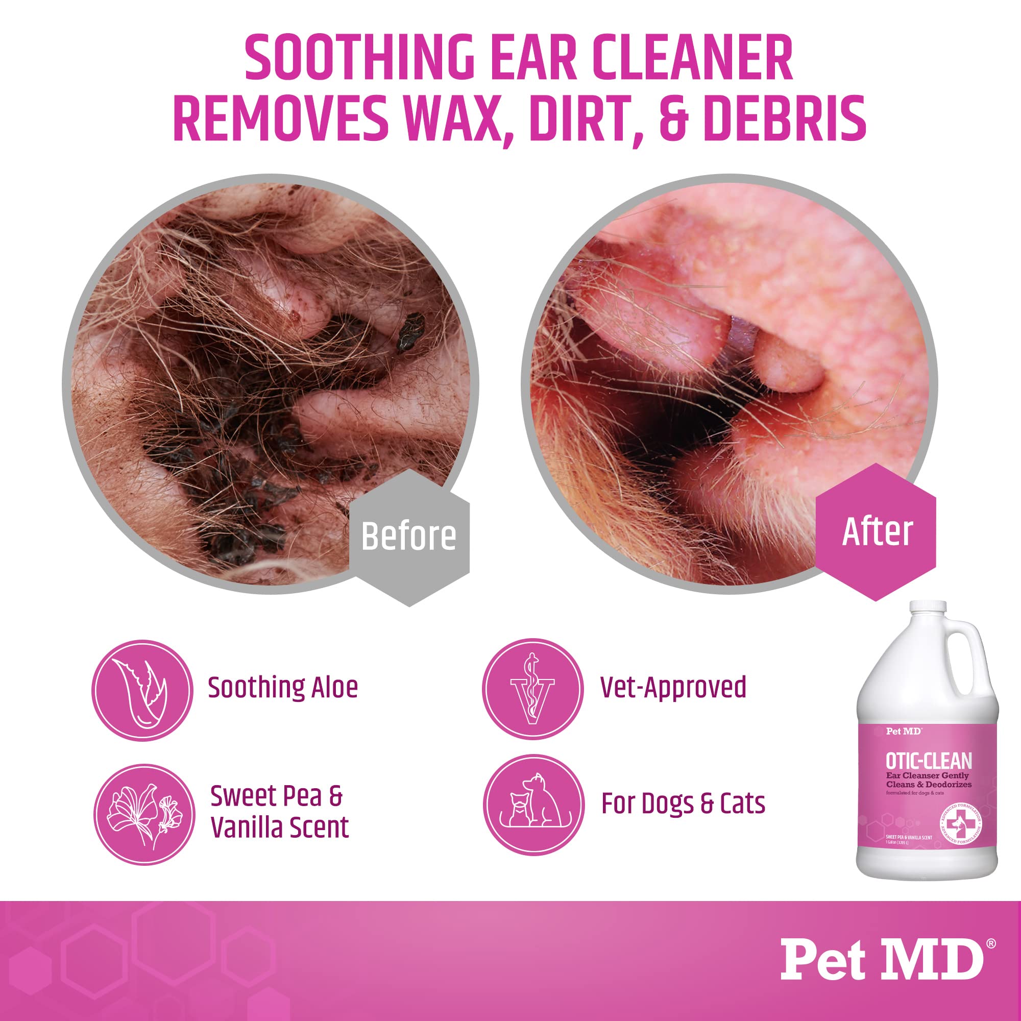 Pet MD Otic-Clean bottle pour showing easy ear-cleaning application
