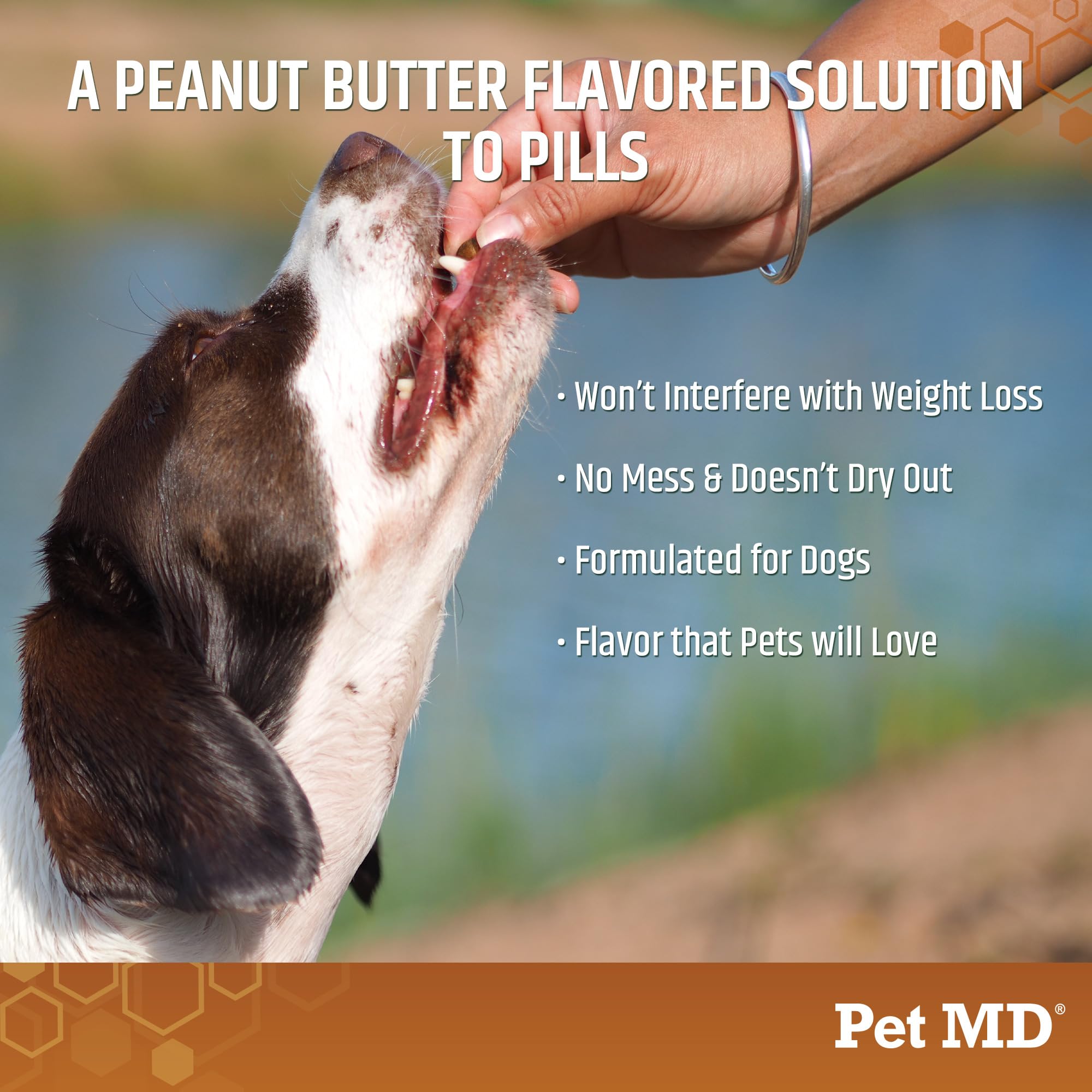 Pet MD peanut butter flavor paste highlighting flavor masking pills.