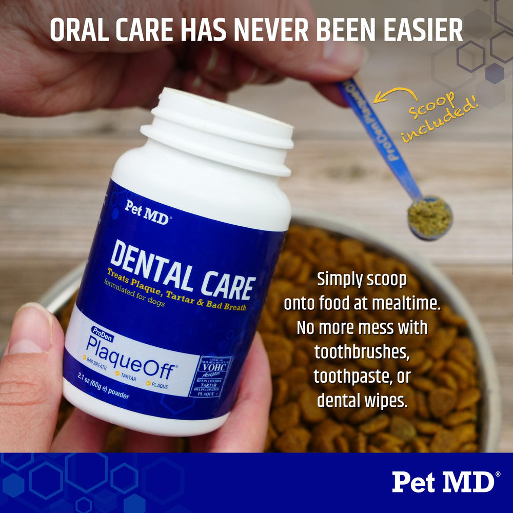 Pet MD PlaqueOff bottle pour illustrates simple daily dosing for dental care.
