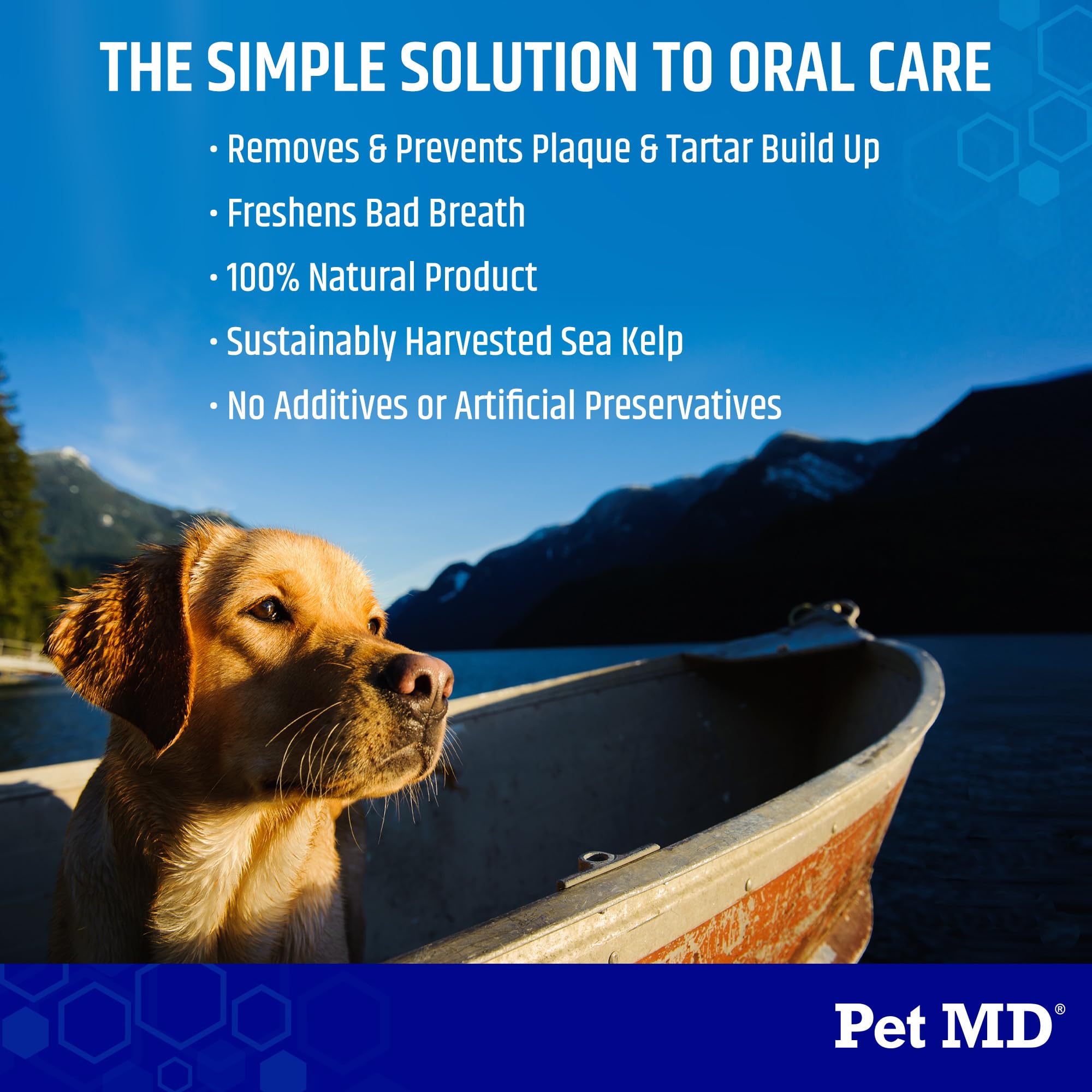 Pet MD PlaqueOff breath freshness helps promote a cleaner-smelling dog smile.