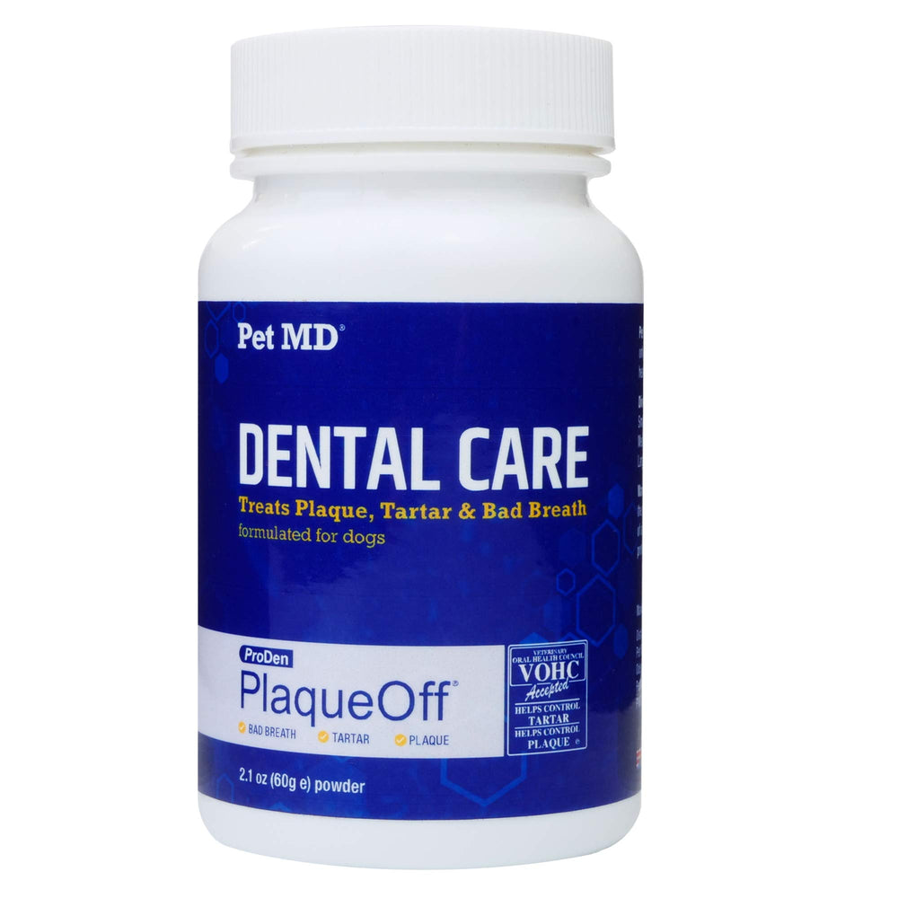 Pet MD PlaqueOff tartar management support indicated by data and routine use.