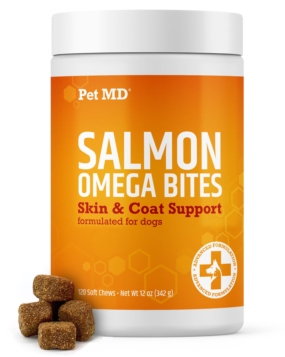 Pet MD Salmon Omega Bites dog treats for skin comfort and coat shine.