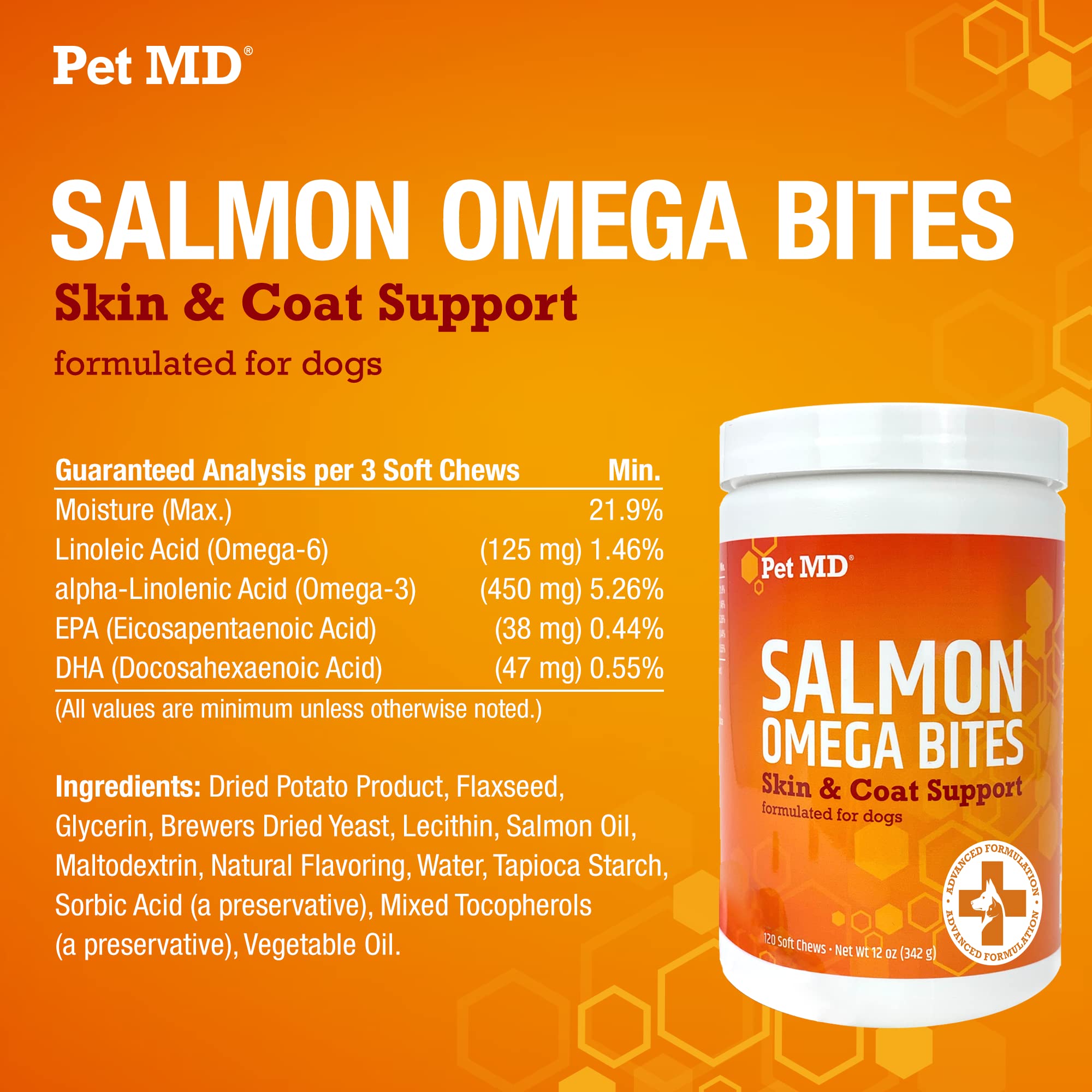 Pet MD Salmon Omega Bites made in USA – quality you can trust.