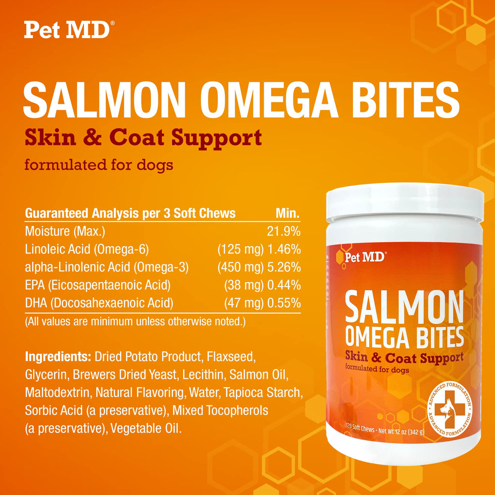 Pet MD Salmon Omega Bites made in USA – quality you can trust.