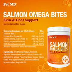 Pet MD Salmon Omega Bites made in USA – quality you can trust.