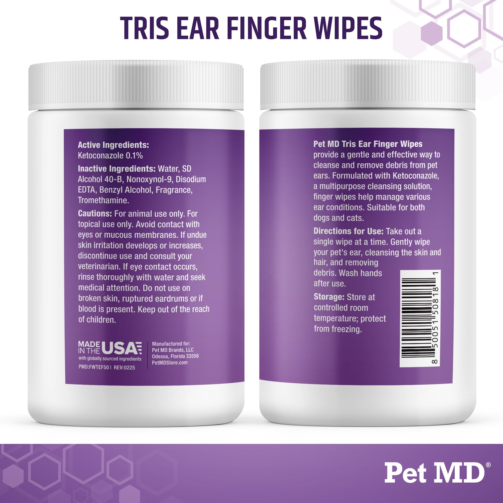 Pet MD Tris Ear Wipes made in USA for quality grooming