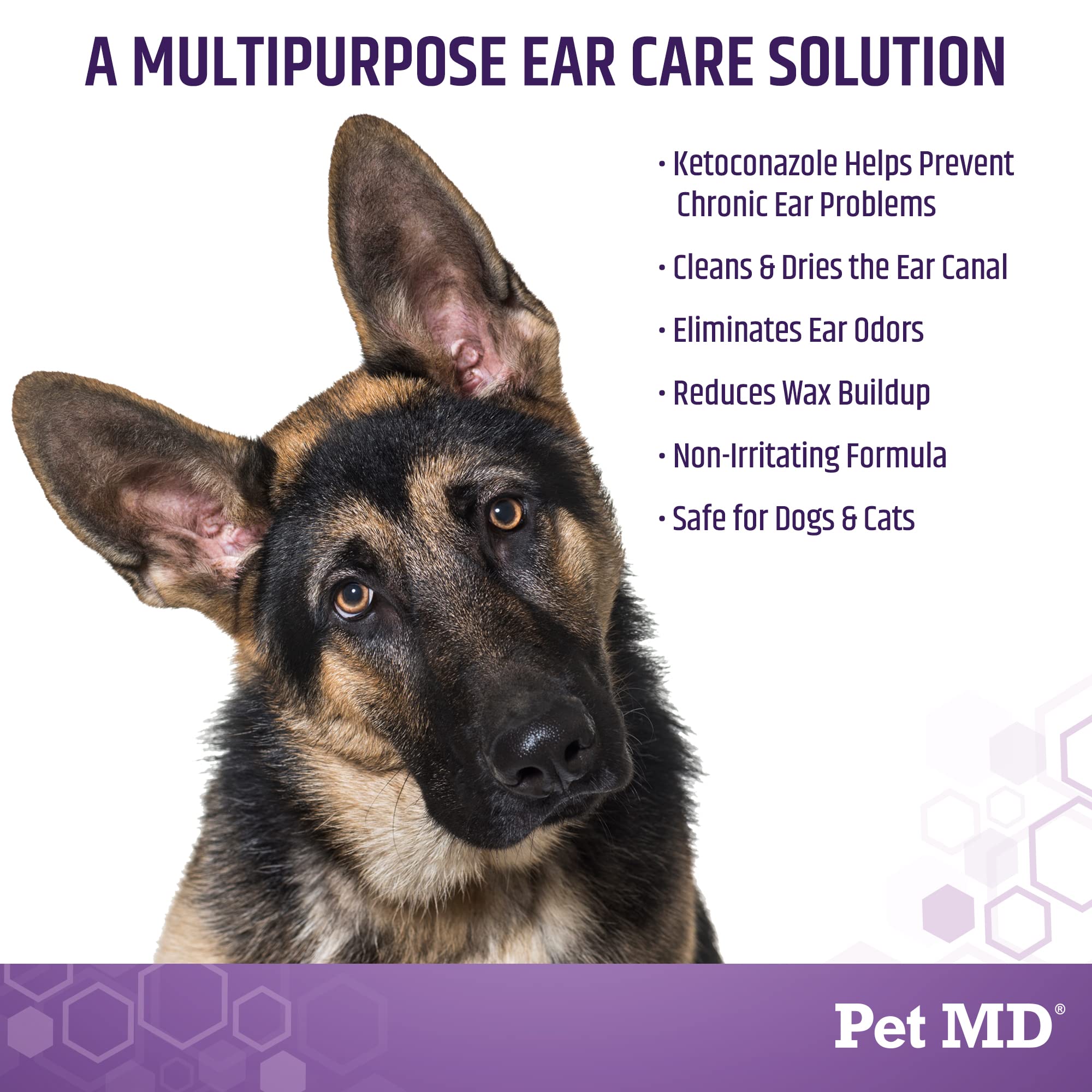 Pet MD Tris Flush used on a dog for routine ear cleaning.
