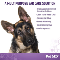 Pet MD Tris Flush used on a dog for routine ear cleaning.