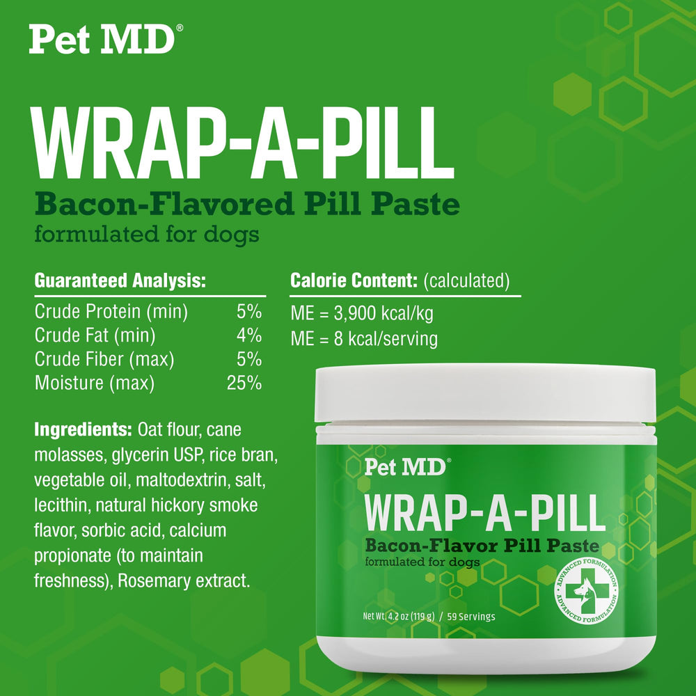 Pet MD Wrap A Pill bacon flavor paste provides 59 servings per container