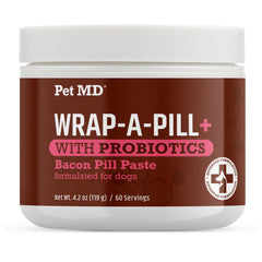 Pet MD Wrap-A-Pill bacon flavor paste tub showing easy pill concealment for dogs.