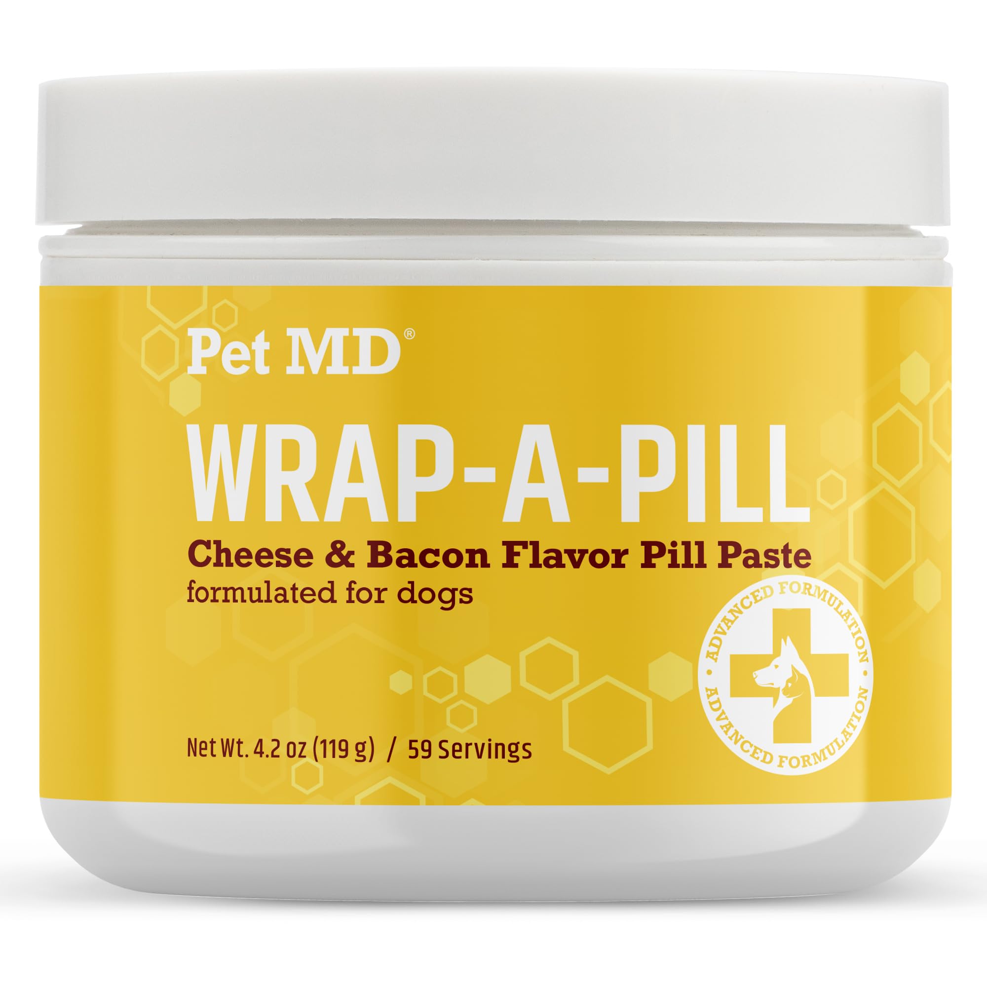 Pet MD Wrap A Pill paste bottle shows cheese-bacon flavor to help hide pills.