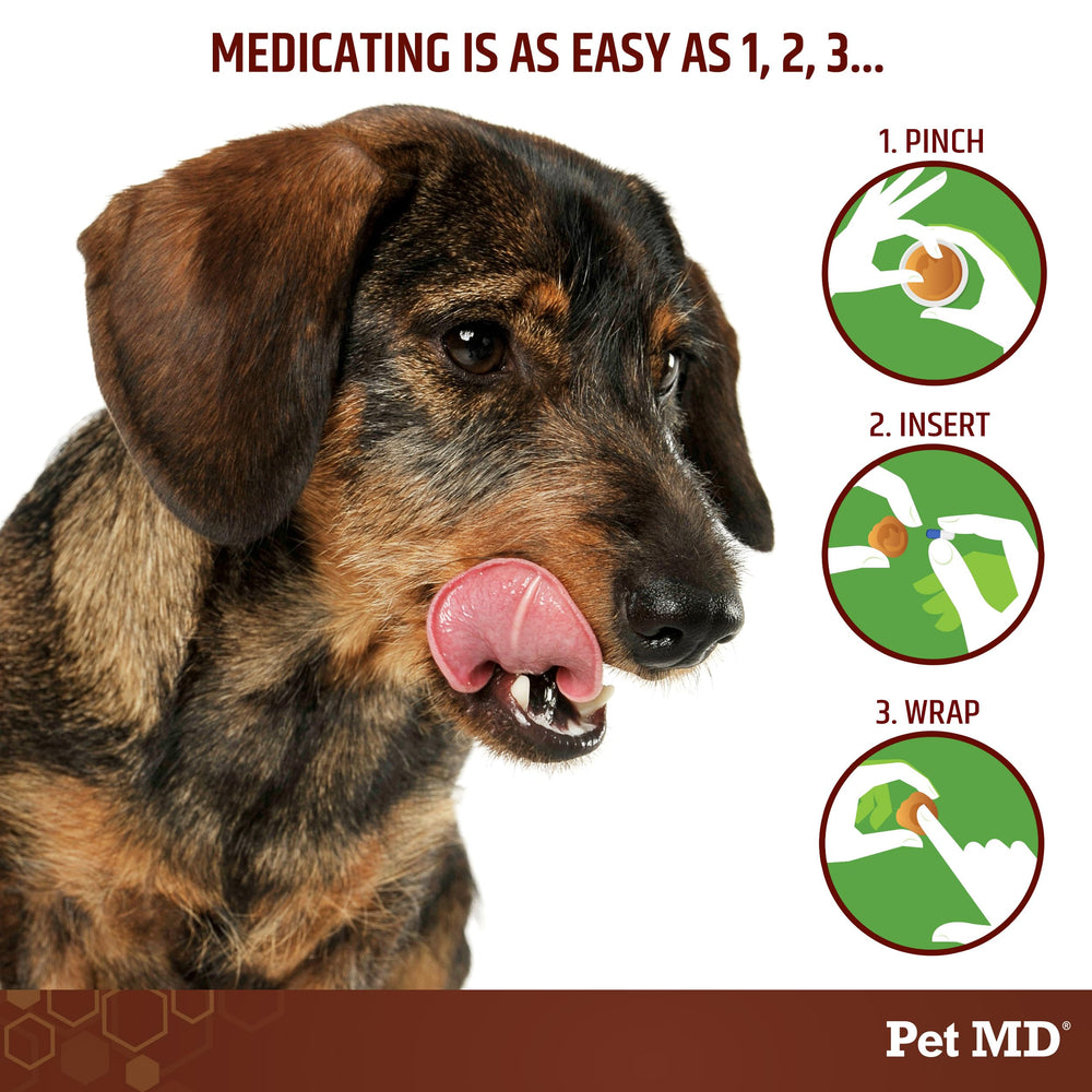 Pet MD Wrap-A-Pill dog acceptance during medicine time with tasty paste.