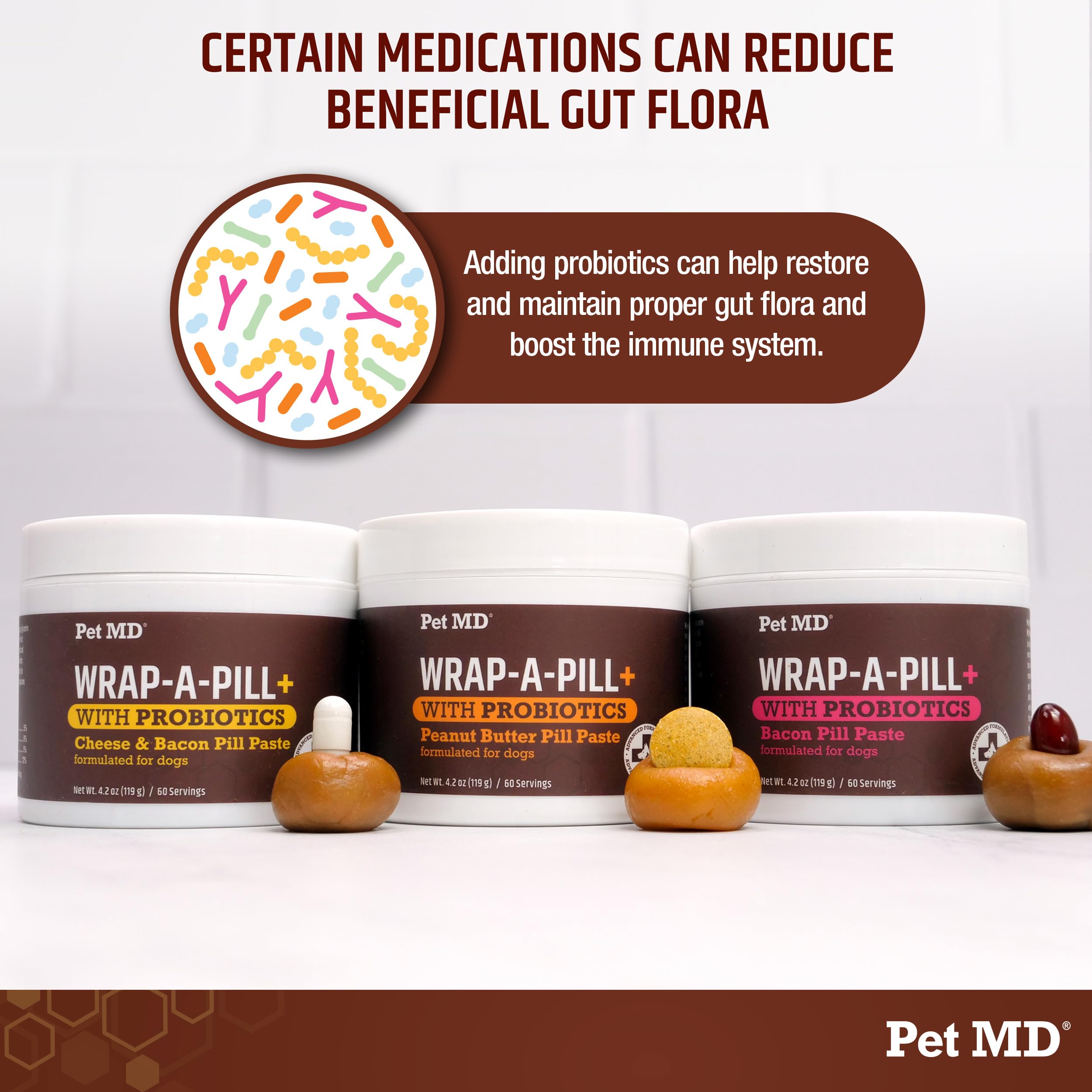 Pet MD Wrap-A-Pill paste with cheese-bacon flavor appeals to dogs.