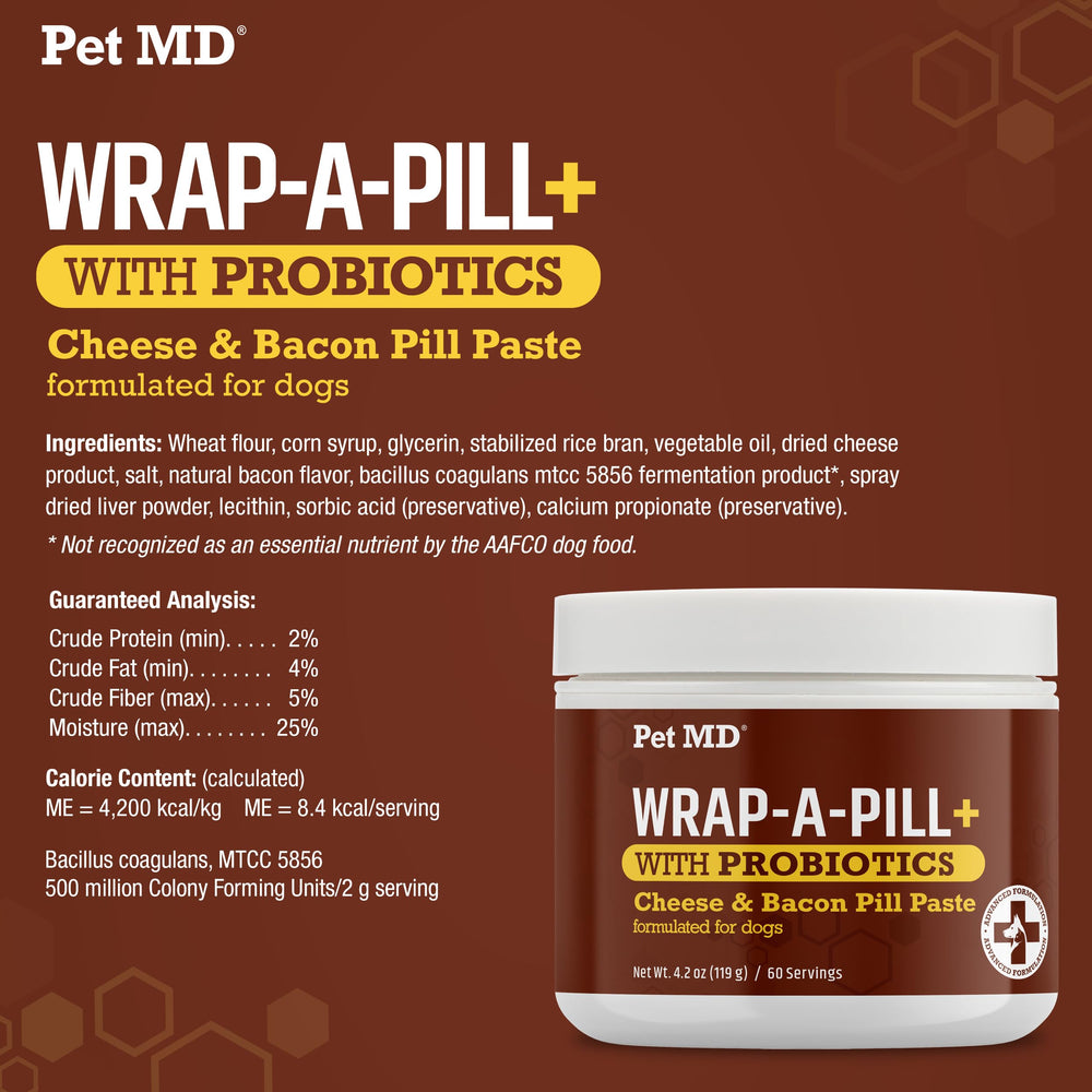 Pet MD Wrap-A-Pill paste probiotic-infused supports digestion-friendly options.