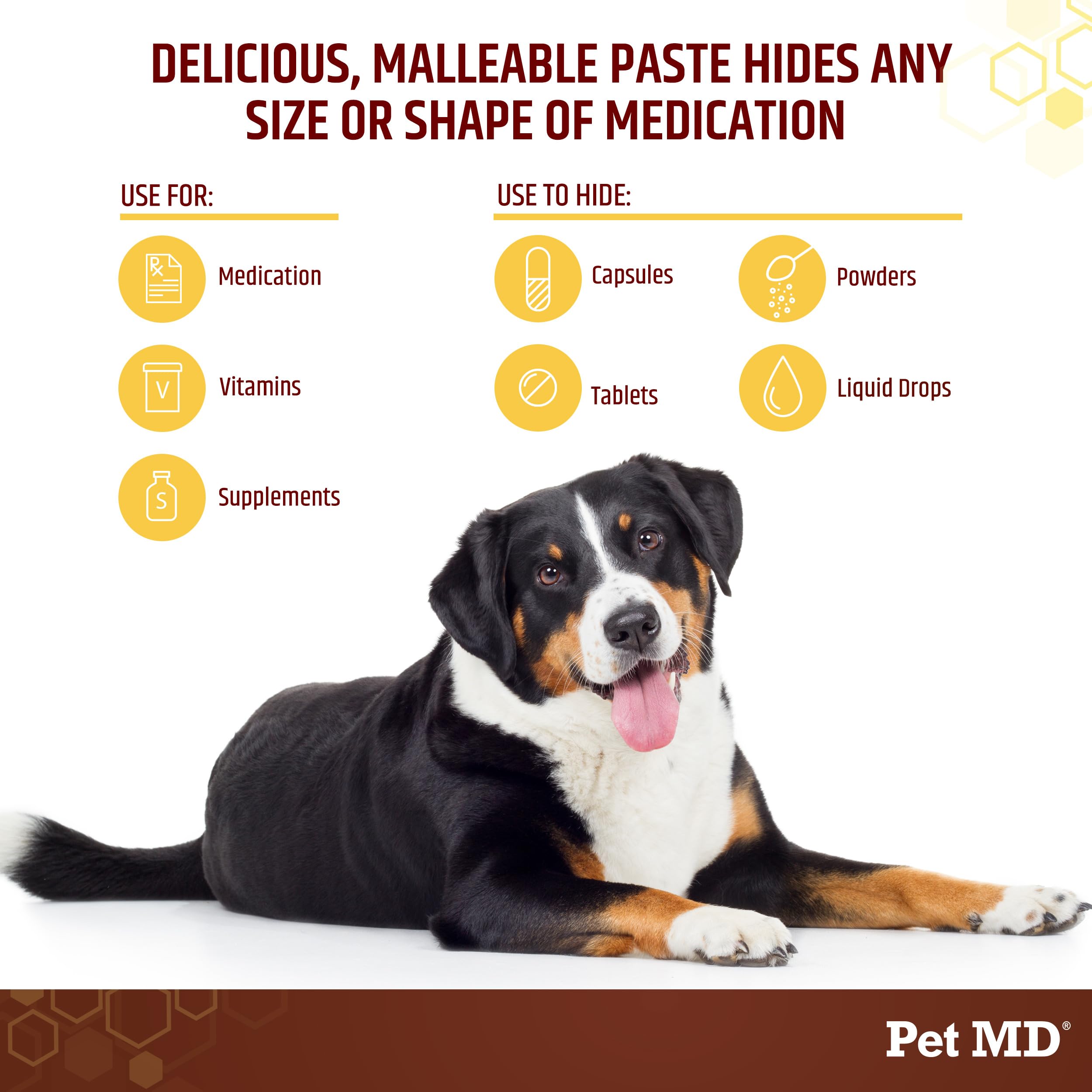 Pet MD Wrap-A-Pill paste rolled around a pill demonstrates hassle-free dosing.
