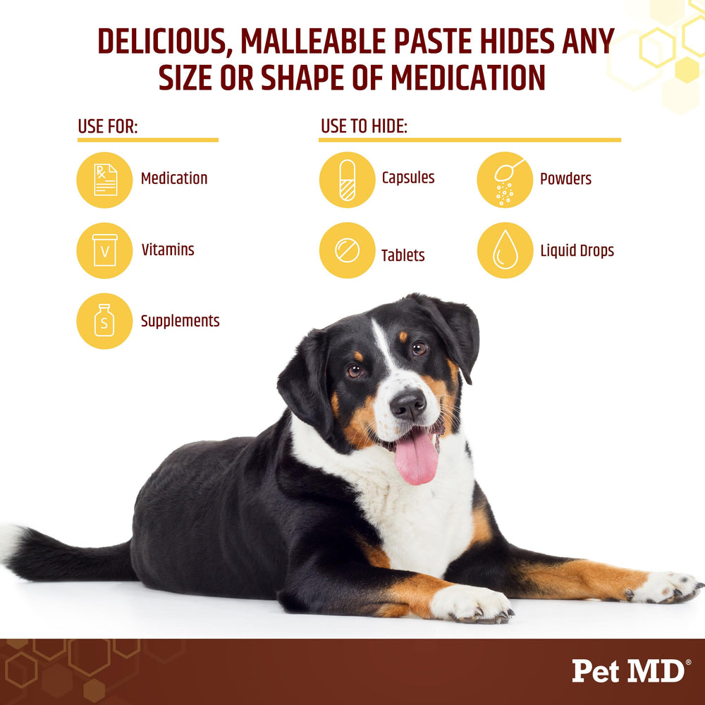 Pet MD Wrap-A-Pill paste rolled around a pill demonstrates hassle-free dosing.