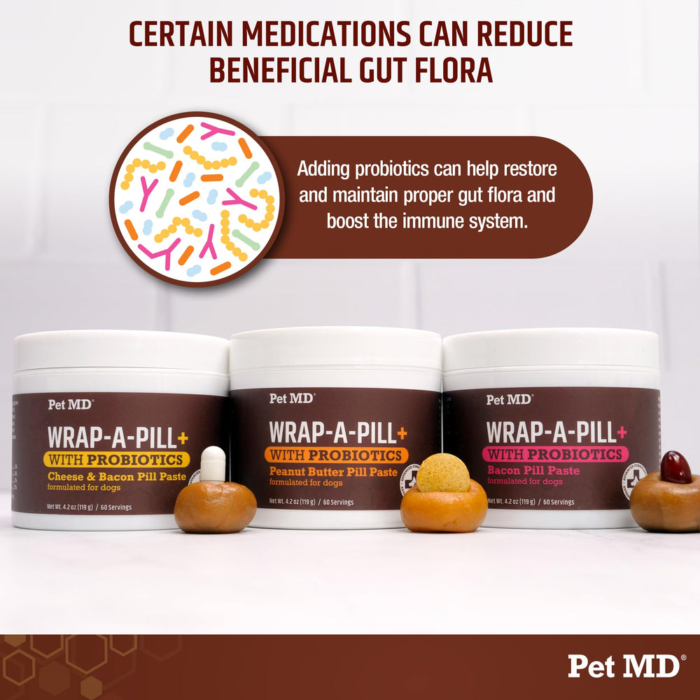 Pet MD Wrap-A-Pill probiotic paste closeup highlights texture and probiotic infusion.