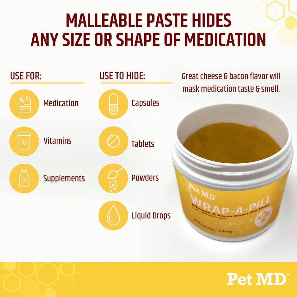 Pet MD Wrap cheese bacon paste pocket-pouch demonstrates quick pill pouch creation for hidden meds.
