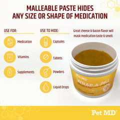 Pet MD Wrap cheese bacon paste pocket-pouch demonstrates quick pill pouch creation for hidden meds.