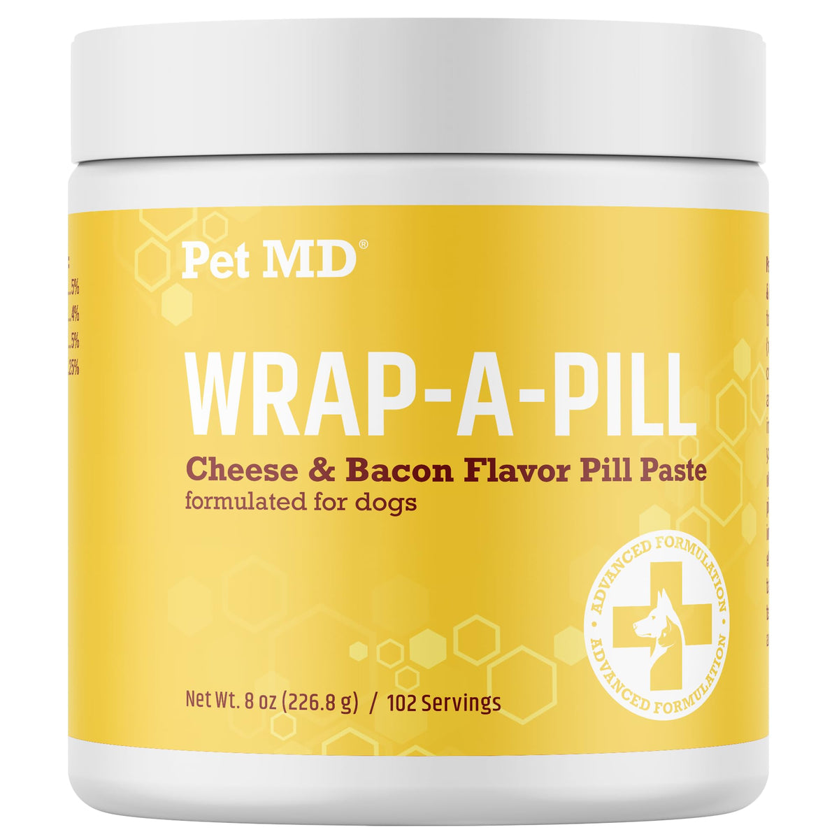 Pet MD Wrap A Pill bottle shows easy pill concealment with delicious cheese and bacon flavor.