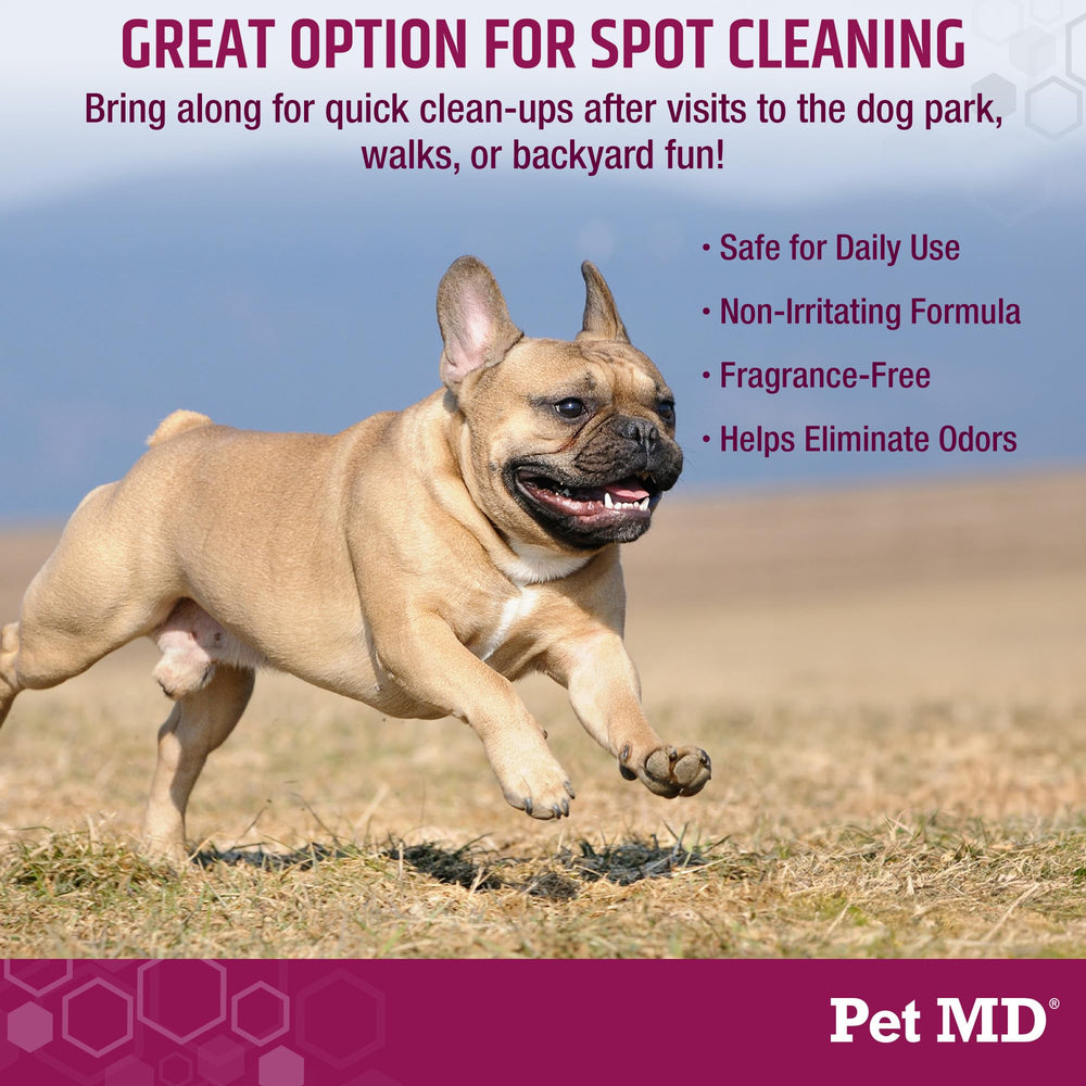 Pet MD Wrinkle Finger Wipes dog face cleaning removes debris from folds.