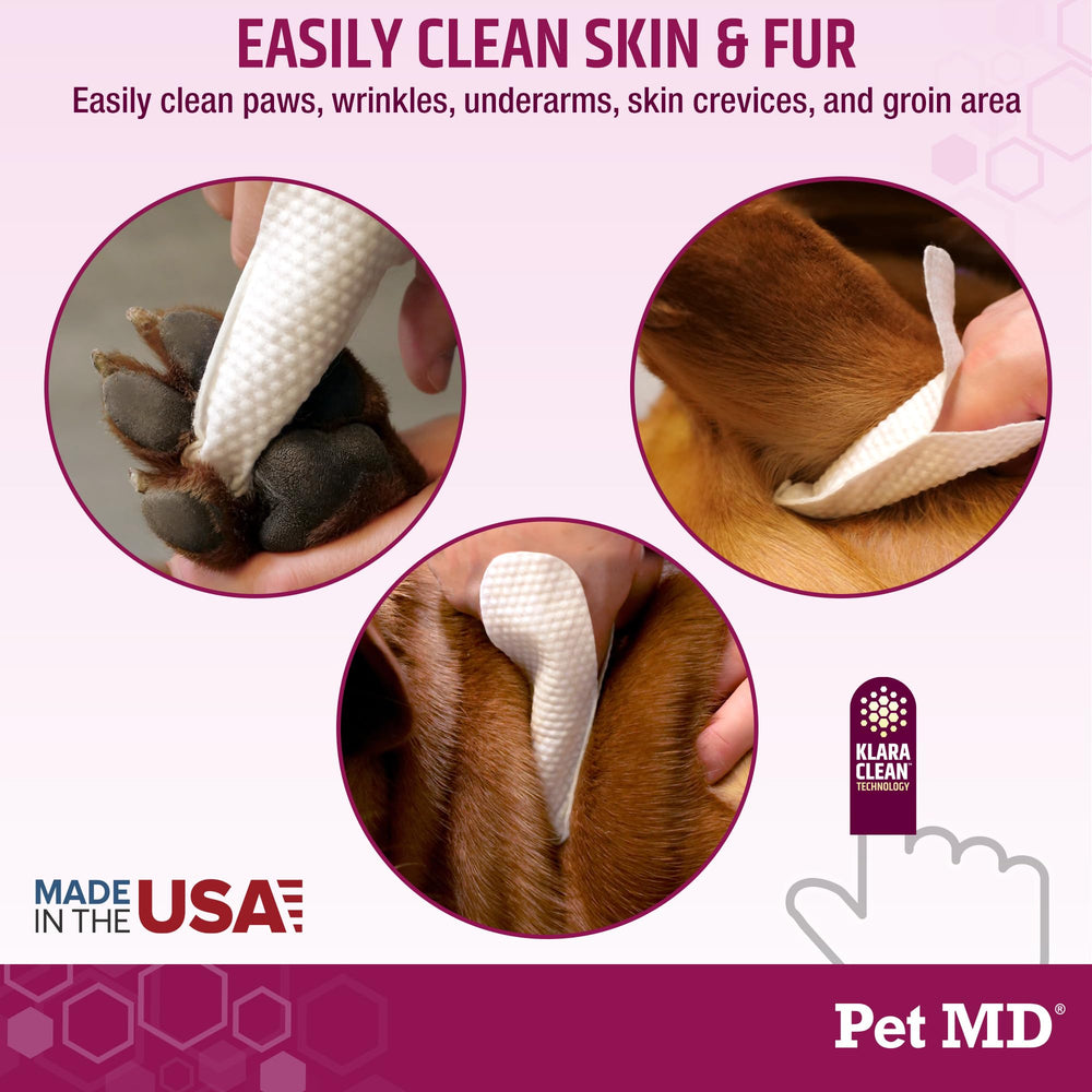 Pet MD Wrinkle Finger Wipes packaging front highlights USA-made grooming wipes.