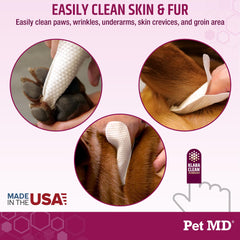 Pet MD Wrinkle Finger Wipes packaging front highlights USA-made grooming wipes.