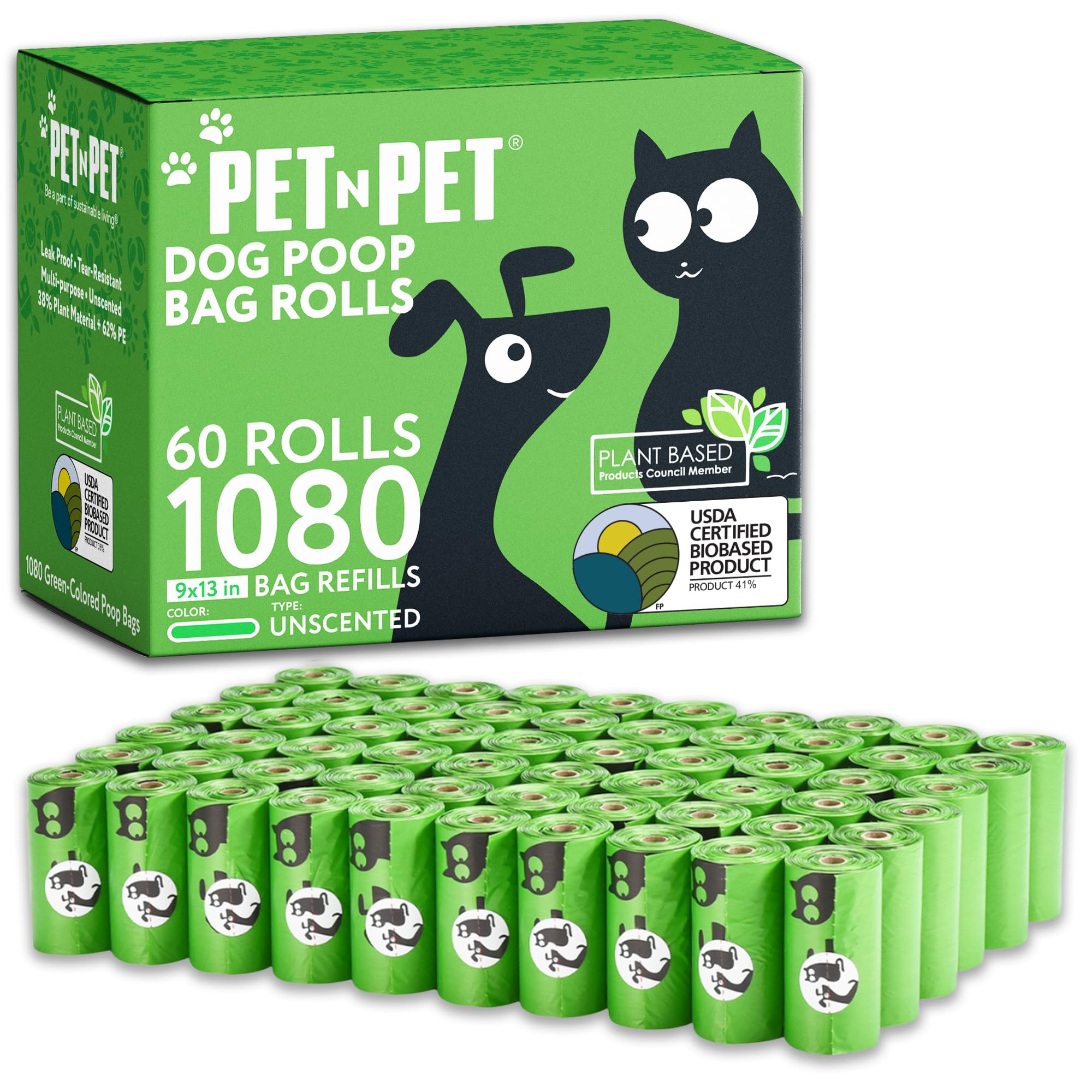 PET N PET 1080-count rolls of green poop bags for daily cleanup.