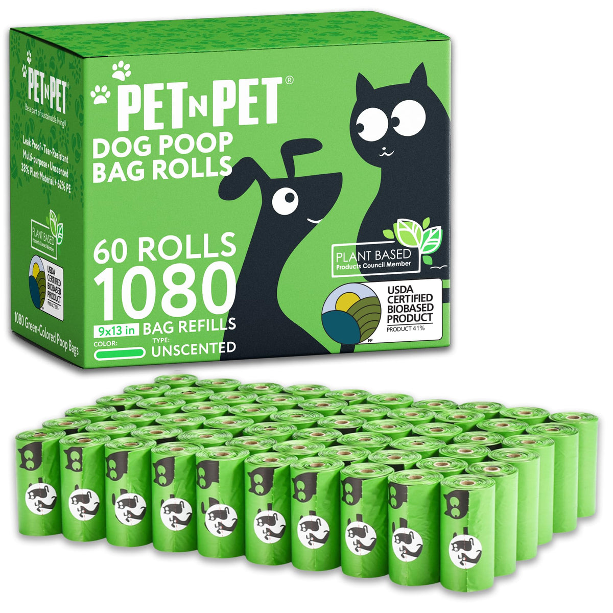 PET N PET 1080-count rolls of green poop bags for daily cleanup.