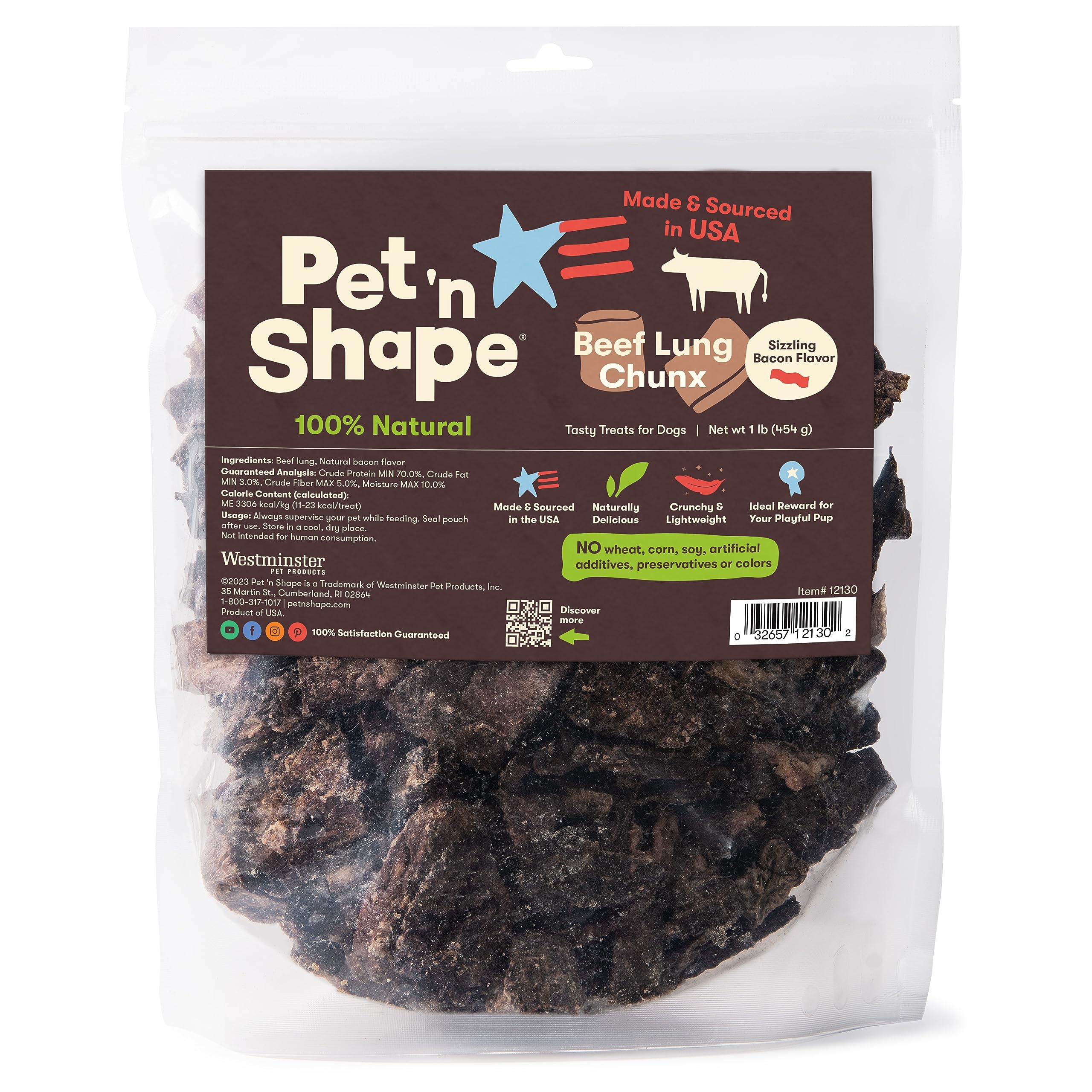Pet 'n Shape Beef Lung Chunx bag shows crunchy USA-made treats for training rewards.