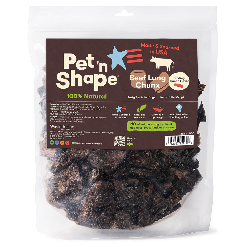Pet 'n Shape Beef Lung Chunx bag shows crunchy USA-made treats for training rewards.