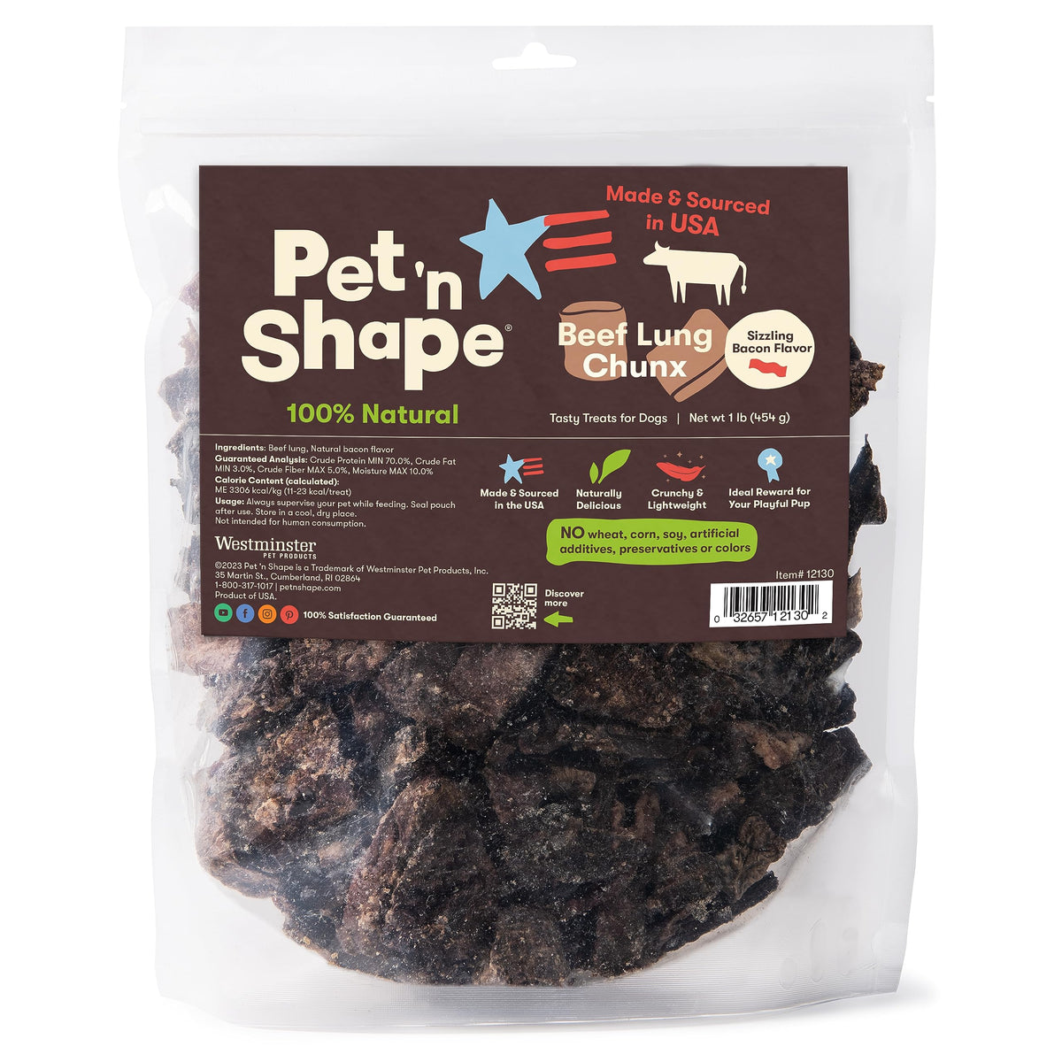 Pet 'n Shape Beef Lung Chunx bag shows crunchy USA-made treats for training rewards.