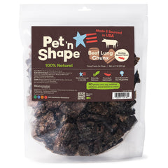 Pet 'n Shape Beef Lung Chunx bag shows crunchy USA-made treats for training rewards.