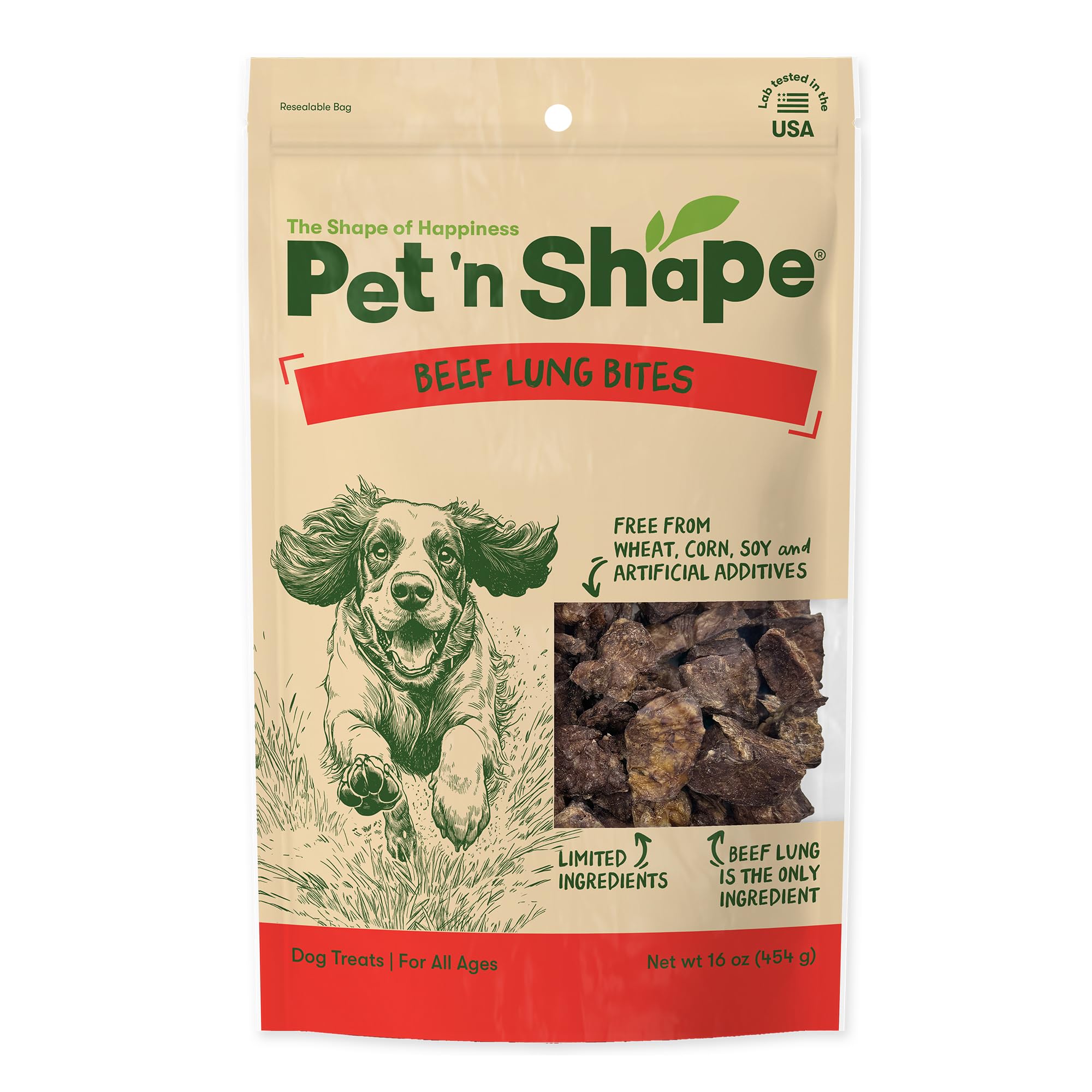 Pet 'n Shape beef lung treat packaging front, USA-made reward for dogs.