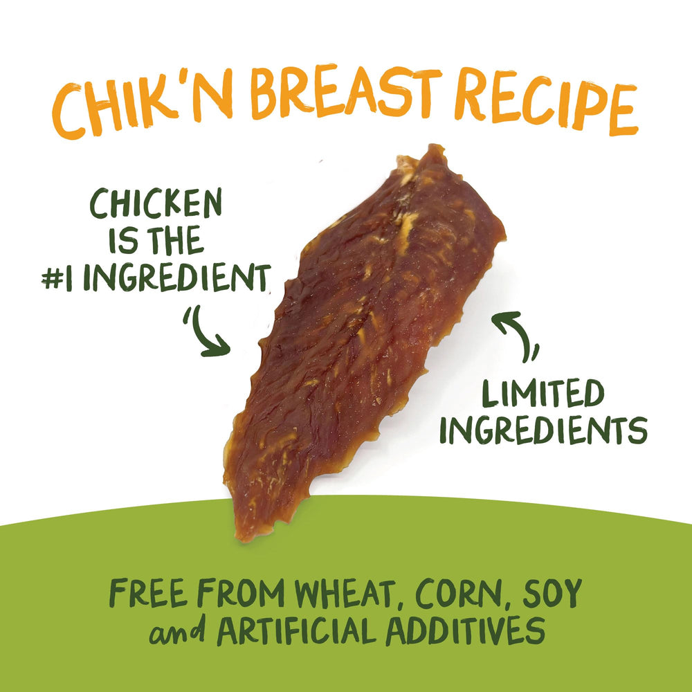 Chik 'n Breast jerky for adult dogs with protein-rich flavor.